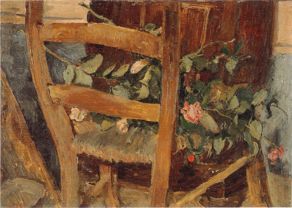 Natura morta con sedia e rose